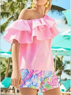 Lilly Pulitzer Trixie One Shoulder Ruffle Top Havana Pink Seersucker Medium